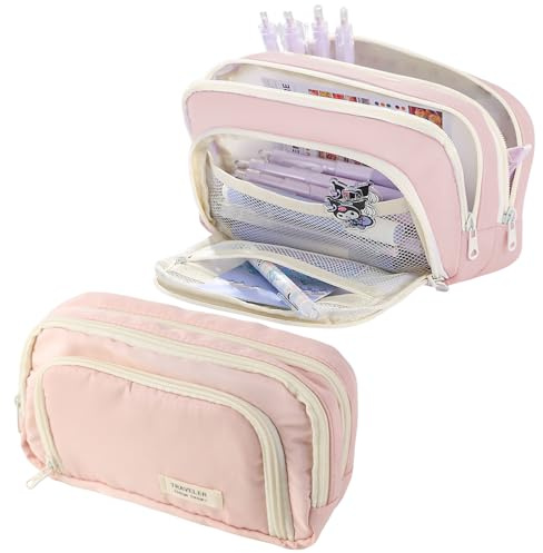 Lvjkes Estuche Escolar, Estuche para Lápices con 3 Compartimentos Alta Capacidad, Organizador de Papelería Grande Estético para Niños, Chico, Chica, Adolescentes, Estudiantes, Rosa, 21 x 13 x 7 cm