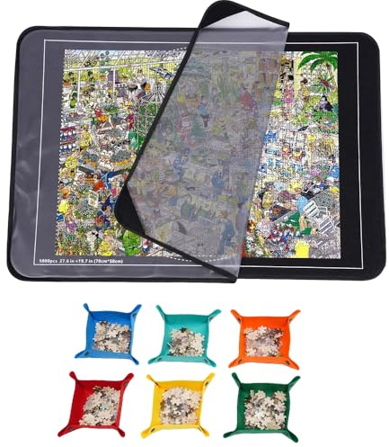 RNPKZ Jigsaw Puzzle Board, 1000 Pieces Foldable Puzzle Mat, Portable Jigsaw Mat with 6 Sorting Trays & Dustproof Cover, Non-Slip Jigsaw Accessories Puzzle Storage Board for All Types of Puzzles(Black)