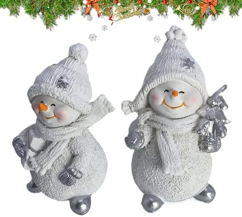 Conjunto de figuras de muñeco de nieve - 2 decoraciones de vacaciones de resina encantadoras decoraciones de mesa de invierno para el hogar, oficina, estante de chimenea, cocina, oficina, oficina