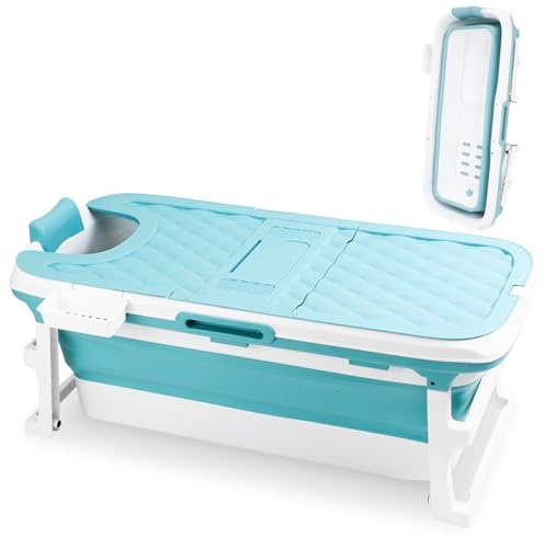 Vkechh Vikbart badkar för vuxna, hopfällbart mobilbadkar 132 × 60 × 50 cm, bärbart och utrymmesbesparande, med lock och dräneringsslang, för badrum, dusch och utomhus, blå