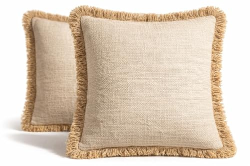 PLENA HOME Fundas de Cojín Boho 45x45 cm de Algodón con Flecos Beige – Estilo Mediterráneo Natural Rústico – Decoración para Sofa Cama Salon Dormitorio Algodon – Blanco Roto 2 Unidades
