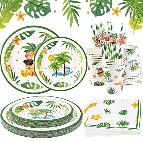 SUNBEAUTY 108Pcs Hawaiian Paper Plates Cups and Napkins Set Tropical Party Tableware Set for Summer Party Decoration Picnic for Children's Birthdays - 16 Guests