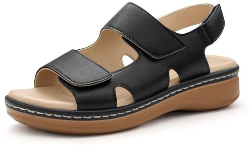 PIZZ ANNU Clara Women's Orthopedic Sandals Wedge Walking with Arch Support, Comfortable Chunky Lightweight Hook & Loop Summer Shoes for Everyday Wear Black Size 7