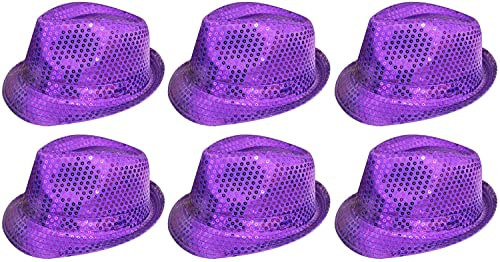 6 x Chapeau à paillettes en rouge, noir, argent, or, violet, vert ou rose Accessoire de costume, chapeaux Fedora, lot de gangsters des années 1920 pour hommes et femmes (Violet)