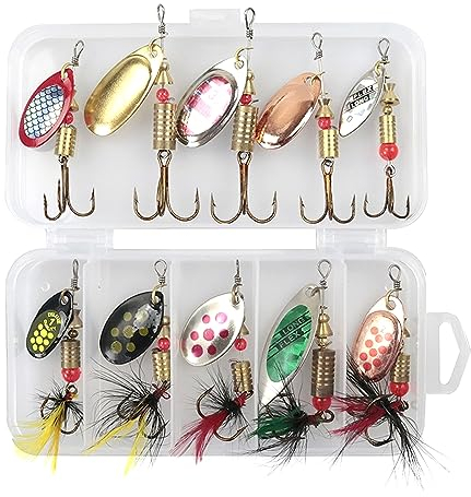 Fhioevt 10 Stück Angelköder Set Spinner Angeln Blinker Angeln Metal Spinnerbait mit Drillinge Haken Barsch Köder und Aufbewahrungsbox für Forelle Pike Lachs Hecht Walleye Bait Fishing Device