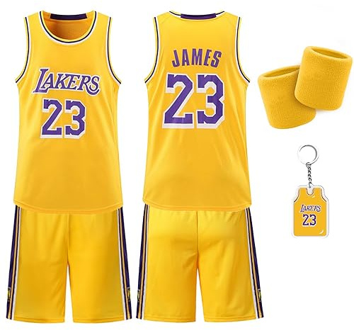 Pardofelis - Set di canotta e pantaloncini da basket per bambini, per l'allenamento, in jersey, asciugatura rapida, per ragazzi, completo da basket con fascia da polso, giallo., 24