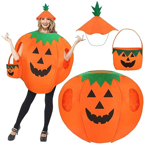 Disfraz Calabaza Adultos, Divertido Disfraz de Mujer Hombre con Bolsa Sombrero, Lindos Disfraces Calabaza Halloween para Fiesta de Temática Halloween Cosplay y Carnaval