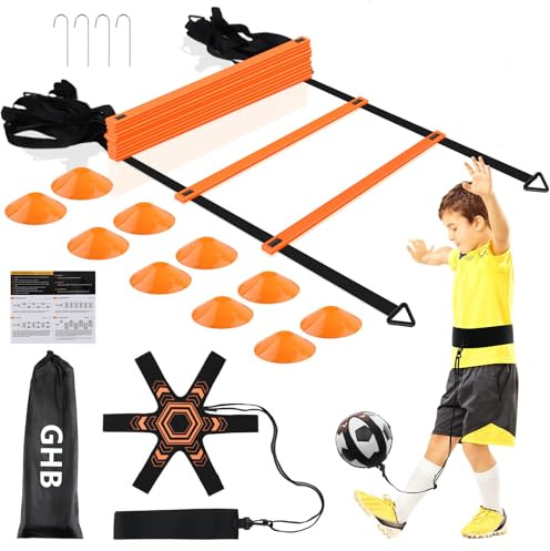 GHB Pro Agility Ladder Soccer Kick Trainer Set 20ft 12 Rung 10 Cones and 4 Stakes Speed Agility Football Training Equipment with Carrying Bag (Orange)
