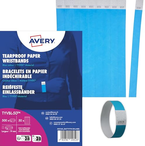 AVERY Zweckform TYVBL-50 Einlassbänder Tyvek 500 Stück (256x19mm, fortlaufend nummeriert, reiß- und wasserfest, sicherer Klebeverschluss, Eintrittsbänder, Event Armbänder, Securebänder) neonblau
