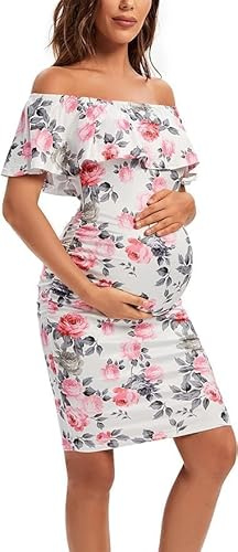 Shen&Qege mammaklänning ledig med axelfrihet, volanger, ärmlös, bodycon, mammamode sommar, Blommig 3, S