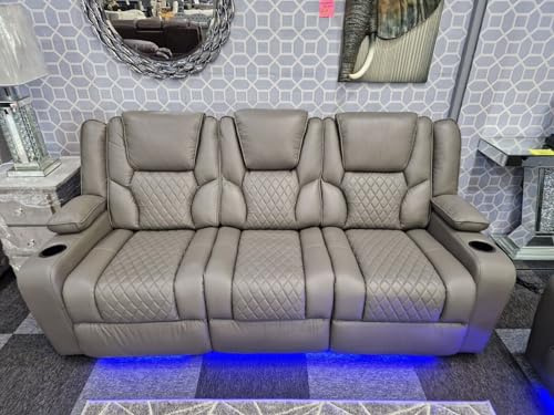 Orlando - Electric Recliners Sofa With Cupholders - 3+2 Seater Sofa Grey/LED Lights/Wireless Charging (Grey, 3 Seater)