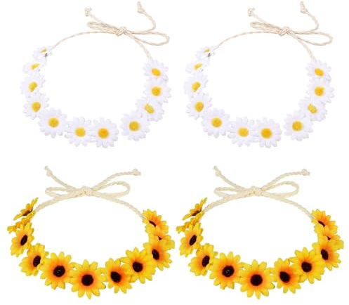 UILYNIU 4 Piezas Girasol Corona de Flores Daisy para Mujeres Niñas Diademas de Guirnalda Floral, Diadema de Boho, Margaritas Corona de Ajustable de Hippie Girasol Accesorios