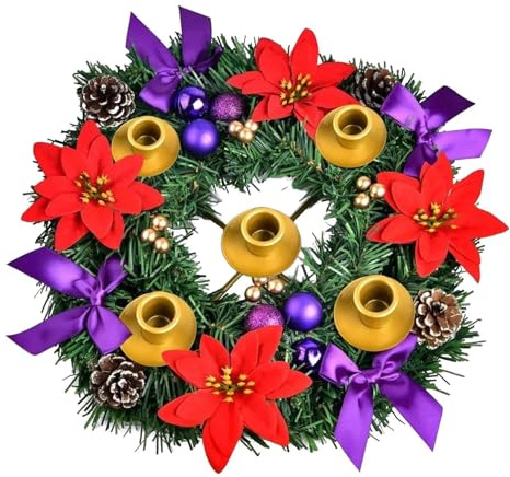 Corona de Adviento Tradicional - Candelabro de Corona de Adviento, Corona de Navidad de Cinta de 30,5 cm, Adorno de oficina, pieza central de Navidad, Suministros de decoración de corona de Navidad