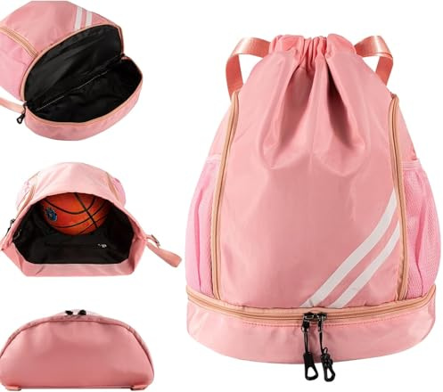 HFCOONY Swimming Bags for Girls Kids, Pink Drawstring Bag with Shoe Compartment, Waterproof PE Bag for School, Girls Gym Backpack for Dance Travel, Large Sports Kit Bag with Wet Pocket, Pink