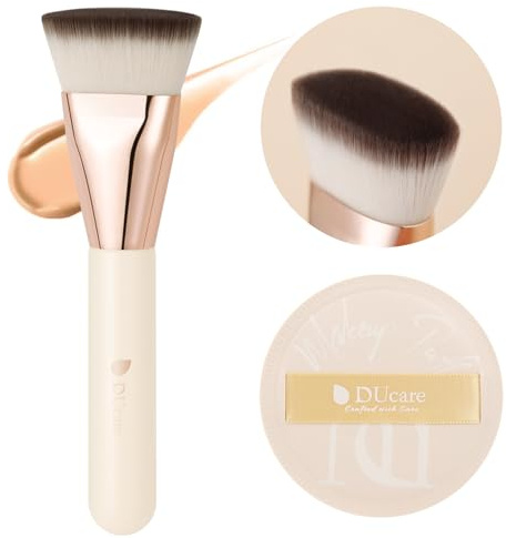 DUcare Foundation Brush & Large Latex-Free Makeup Sponge Set | Travel-sized Flat Top Kabuki Brush for Liquid/Cream, Wet Dry Foundation Sponge, Portable Makeup Tools for Flawless Base
