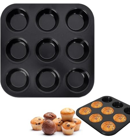 Teglia per Muffin, Teglia da Forno Muffin Stampo, Teglia Muffin Antiaderente in Acciaio al Carbonio con 9 Stampo Muffin, Riutilizzabili Acciaio al Carbonio Stampi per Muffin, per Cupcake, Brownies