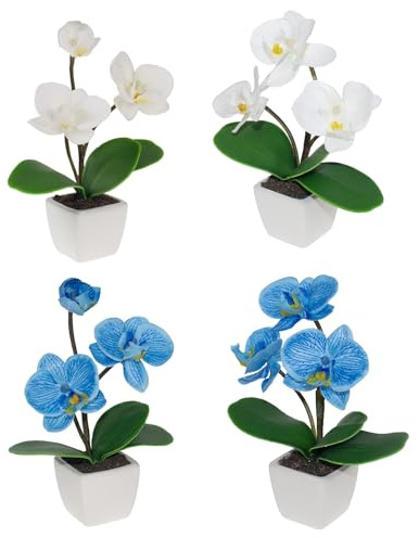 BINFEN Mini Artificial Silk Orchid Potted Flowers - 4pcs Real Touch Fake Small Plants in Ceramic Vase for Home Office Bathroom Living Room,Tiny Faux Table Shelf Decor White & Blue