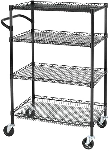 Finnhomy 4 Tier Heavy Duty Commercial Grade Rolling Cart with Handle Bar, Metal Wire Utility Cart with Wheels, Shelf Size 18 D x 30 W, NSF Listed, Black