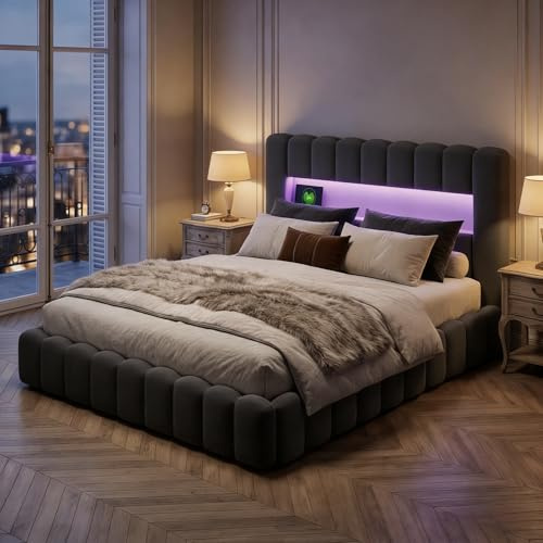 BRILVERDE - Säng med kanapé 160 x 200, sänggavel med LED-belysning, USB-laddningsfunktion och förvaring, dubbelsäng med förvaring, sängbotten med förvaring, linne, utan madrass