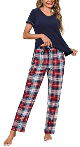Litherday Ensemble de Pyjama Femme Coton Bleu Marine Carreaux XXL