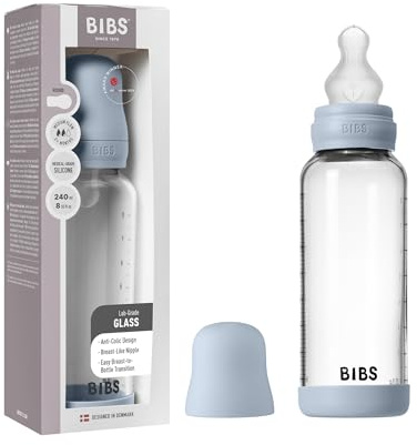 BIBS Baby Glass Bottle. 240ml. Anti-Colic. Vented Round Silcone Teat. Supports Natural Breastfeeding, Medium Flow, Complete Set - 240 ml, Baby Blue