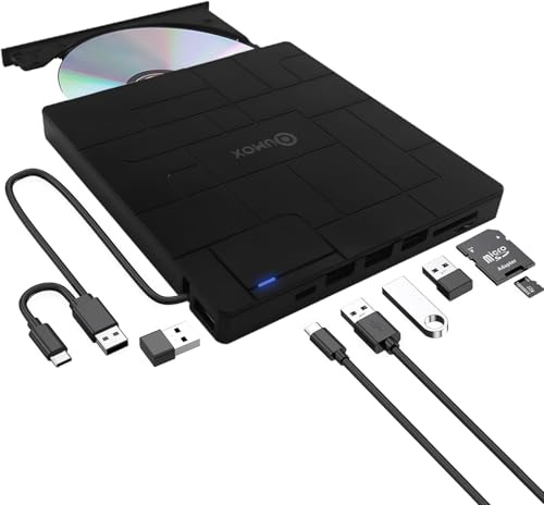 QUMOX Grabadora Externa DVD/CD 8-en-1 USB 3.0 con USB-C, 3 Puertos USB, Lector Tarjetas SD/TF, Grabadora Slim para Portátil, Windows 11/10/8/7, Linux, Mac OS