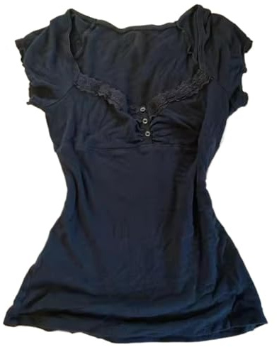 T-shirt i e-girl-stil, med spetskant, kort topp i sagolik grunge-stil, vintageinspirerad tröja med rund halsringning, gotisk estetik, coquette-inspirerad topp