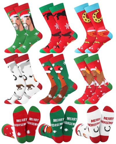 Hercicy 6 Pairs Funny Horse Socks for Women Girls Riding Birthday Gift for Horse Lover Cowgirl Equestrian Party Favors, Christmas Color, One size