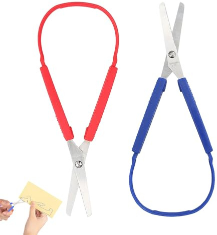 2 PCS Self-Opening Safety Scissors,Loop Scissors, for Children & Adults,Special Needs, Paper Work, Sewing, Art & Craft(Red*Blue)