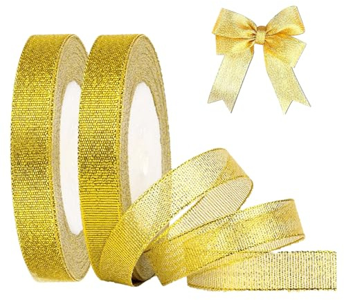DYSWTUE 2 Piezas Cinta de Organza Dorada, 2 Rollos de 20 mm x 22 m, Cinta Navideña Decorativa Brillante, para Envolver Regalos, Manualidades, Costura de Bricolaje, Pasteles