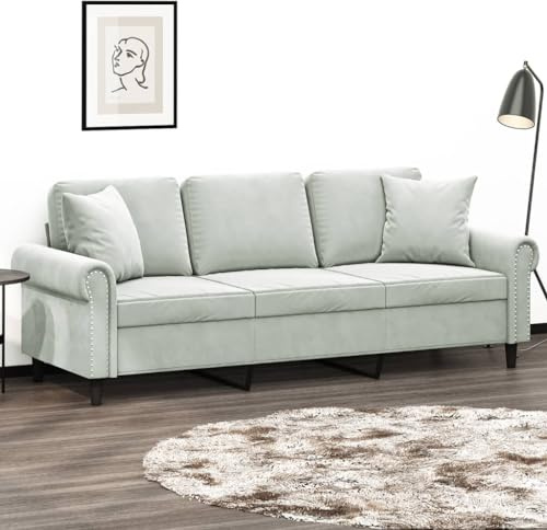 Augerqir Sofá de 3 plazas gris claro con cojines decorativos, tela de terciopelo de 180 cm de ancho, estructura metálica, conjunto de tapicería para salón, sofá con acolchado suave y respaldo cómodo