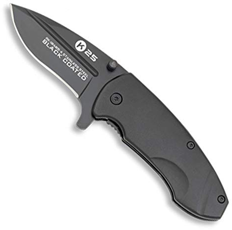 K25-18488 - Coltello nero Titanium H. 6 cm - Utensile per caccia, pesca, campeggio, outdoor, sopravvivenza, bushcraft