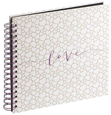 Hama Album photo à spirale Romance (Album souvenirs Mariage, Anniversaire, Baby Shower, Baptême, Idée cadeau, 28x24 cm, 40 pages noires, 80 photos de 10x15 cm à coller, Motif Cœurs Love) Beige Noir