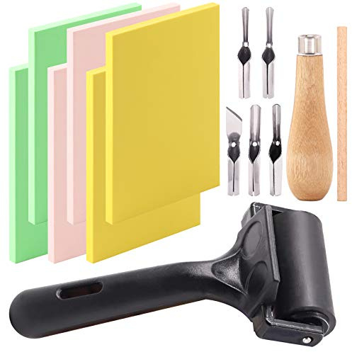 Keadic Kit de Gravure sur Caoutchouc 12 Pièces, 6 Blocs Multicolores, Ciseau avec Lames Interchangeables et Rouleau Encreur, Kit Complet pour Impression Artistique et Loisirs Créatifs DIY