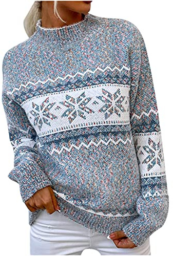 AMhomely Womens Christmas Snowflake Knitted Sweater Tops White Jumper Sweatshirts Vintage Loose Jumpers for Women UK Ladies Casual Going Out Long Sleeve Pullover Fair Isle Fisherman Sweaters