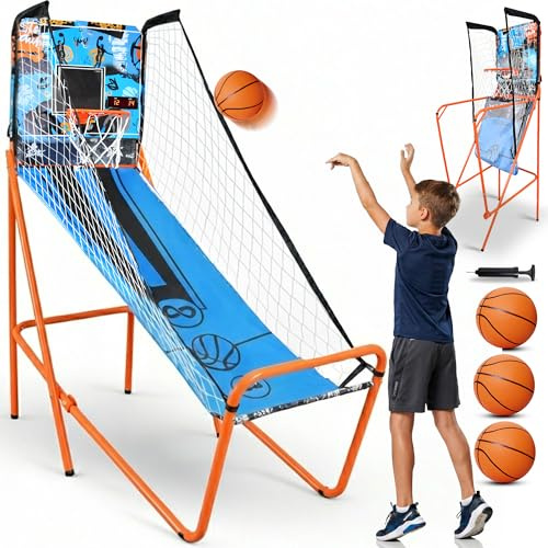 SereneLife Jeu de Basketball d'Arcade - un Seul Cerceau pour Intérieur - Tableau de Bord Électronique LED et Chronomètre de Jeu -Terrain Pliable pour Enfants et Adultes, Ballons de Basket inclus, Bleu
