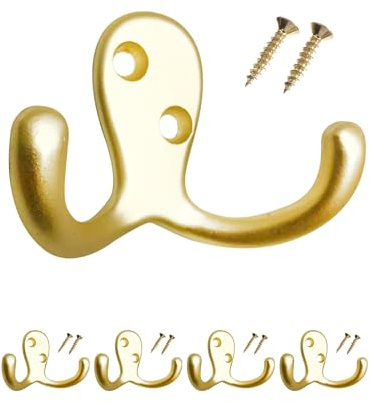 HOWTOOL Satin Brass Robe Hooks for Hanging Matte Gold Wall Mounted Double Coat Towel Hooks, Heavy Duty Metal Hangers with Screws, 5 Pack