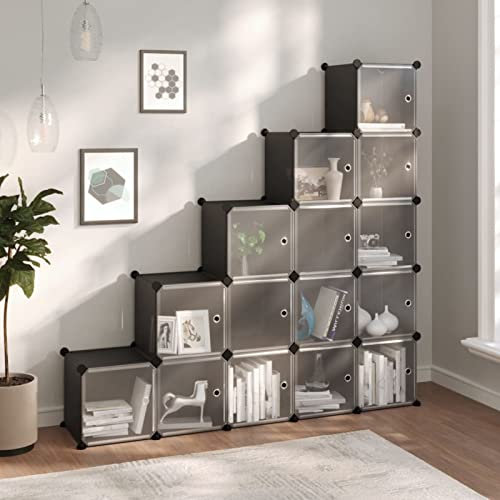BULANED Estantería de Cubos con 15 Compartimentos y Puertas, Estanterias para Libros, Estanterias Almacenaje, Mueble Estanteria, Mueble Organizador, Estanteria Oficina,estantes PP Negro