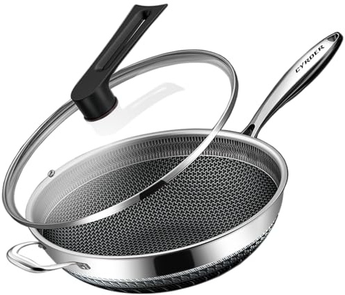 Cyrder Hybrid Nonstick 14.5Inch Stainless Steel Pan, Large PFOA Free Non-Stick Wok, Dishwasher Oven Safe, Stay Cool Handle Skillet, Works with Induction Cooktop/Ceramic/Gas/Electric Stove