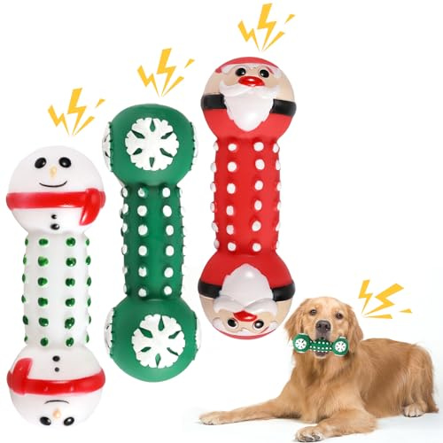 QKURT 3 Pezzi Giocattoli per Cani con Squittio,Giocattolo di Natale da masticare per cani,Giocattoli da masticare per la pulizia dei denti dei cuccioli,Giocattoli interattivi in lattice per cani