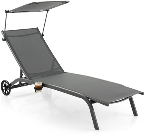 GOPLUS Transat Jardin Exterieur avec Pare-Soleil Réglable et Porte-gobelet, 165 x 61 x 96, Bain de Soleil avec Dossier Réglable 6 Niveaux avec roulettes pour Piscine, Jardin, Charge 150KG (Gris)