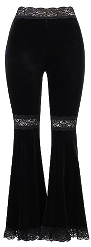 XKBHYD Women's Gothic Velvet Midi Lace Trousers - Punk Grunge Harajuku Wide Leg Pants - Y2K Emo Alt Pants - Black