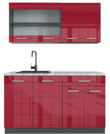 Vicco Singleküche R-Line, Rot Hochglanz, 140 cm, AP Marmor, zur flexiblen Erweiterung mit weiteren Modulen geeignet