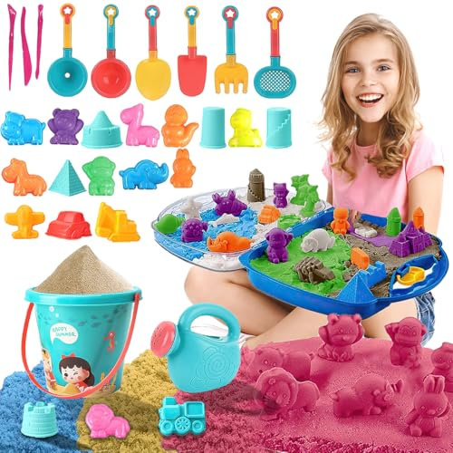 Koolbitz 35PCS Beach Sand Play Set for Kids - Animal, Castle, Vehicle Moulds, Sand Tools, Watering Can, Carry Case & Play Tray – Indoor & Outdoor Fun with Safe Play Sand – Ideal for Kids Ages 3+ Above