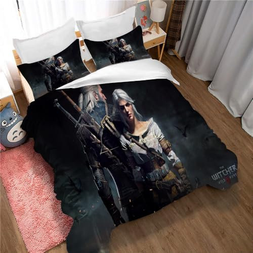 Ste-X Bettbezug King Size Hotelqualität Bettwäscheset Witcher Wild Hunt Bettbezugset Weicher, Atmungsaktiver Bettbezug Aus 100% Polyester-Baumwolle Mit Kissenbezügen (Witcher 03,135x200cm)