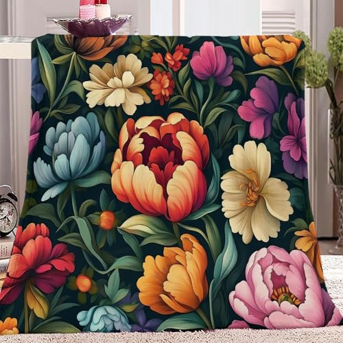 Flanell Fleece Decke 180 x 220 cm Kuscheldecke für Kinder Erwachsene Mädchen Warme Bedruckte Retro Blumen Blätter Muster Couch Decke Dunkel Langlebig Reisedecke