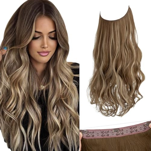 SARLA Invisible Wire Hair Extensions with 3 Clips Long 18 Inch Synthetic Wavy Curly Hairpiece for Women Adjustable Transparent Headband Ash Medium Brown/Ash Blonde