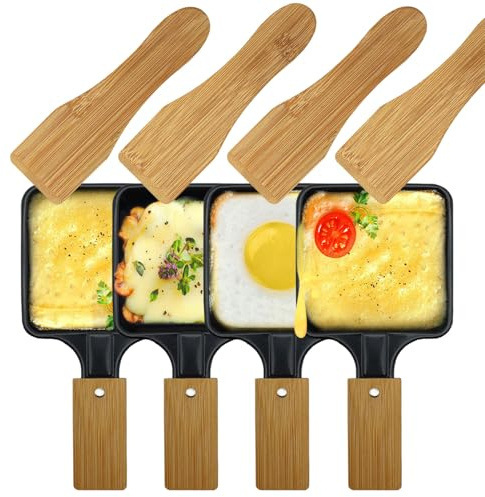 KOSMOSTA Mini griglia in ferro antiaderente rivestita con accessori per la fusione di formaggi, vassoi di ricambio per raclettes Mini padelle per grill con spatole di bambù 4 pezzi/set