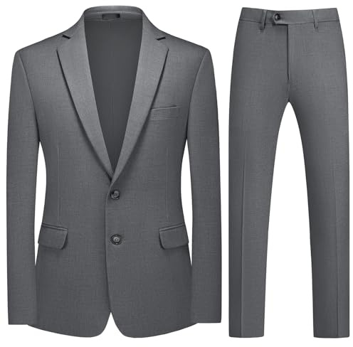 MODFUL Mens Suit Wool Blend 2 Piece Tweed Blazer Jacket Trousers Set Classic Business Casual (Grey, XL)