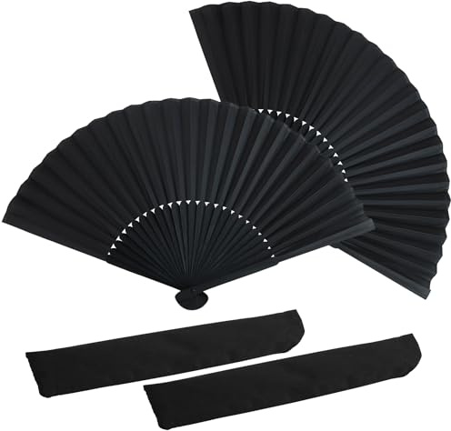 2 Pezzi Ventagli Neri con tasche portaoggetti, Ventagli scomparti nero cinesi, ventagli pieghevoli, Mano Pieghevole Ventilatore, Ventaglio Pieghevole,per festival,decorazioni